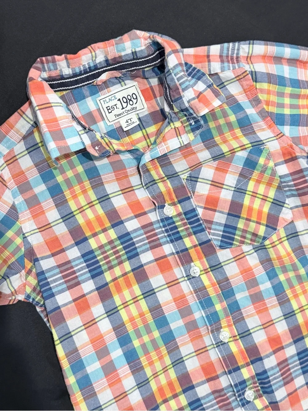 The Children's Place Short Sleeve Button-Down Shirt in Orange Blue Yellow Plaid